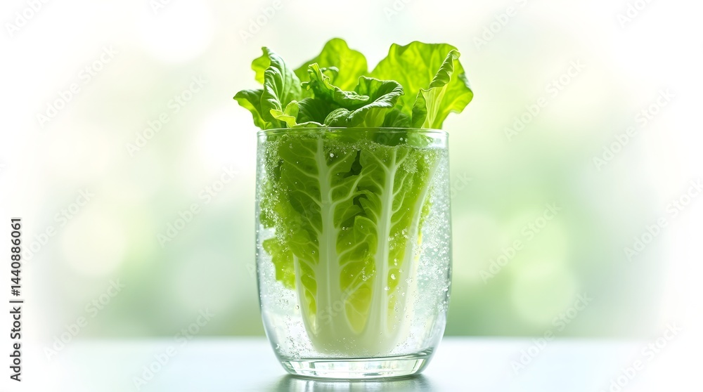 Fresh green lettuce in a glass of water, creating a refreshing and vibrant look.