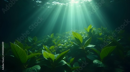 Obraz na płótnie Underwater scene with vibrant green plants illuminated by rays of sunlight, creating a serene and tranquil environment. w salonie