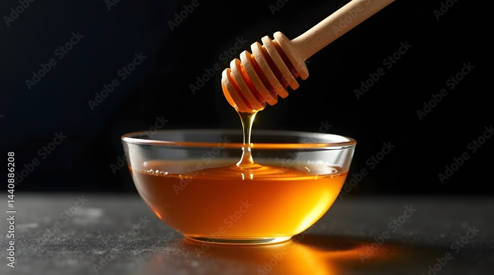 A close-up of honey dripping from a wooden dipper into a glass bowl, showcasing its rich amber color and smooth texture.