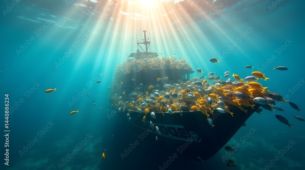 A vibrant underwater scene featuring a partially submerged boat covered in colorful fish, illuminated by sun rays.