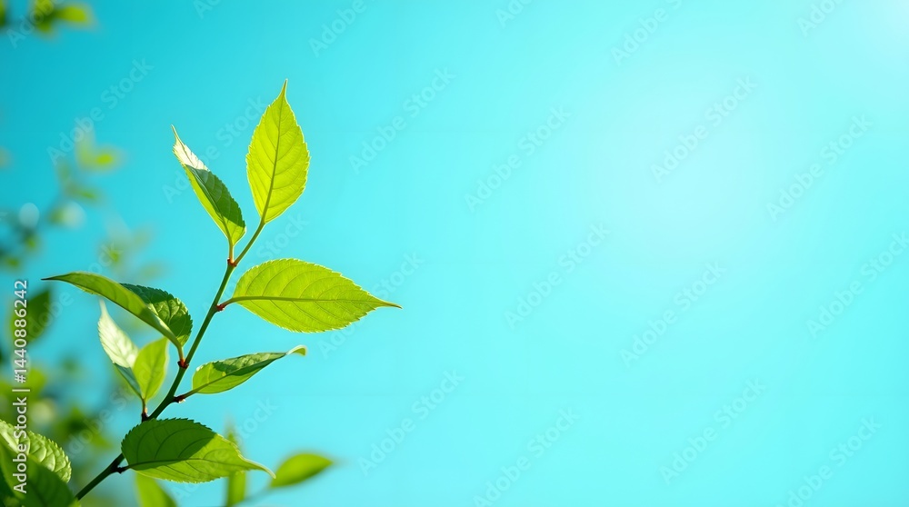 Fresh green leaves basking in the sunlight against a vibrant turquoise sky.