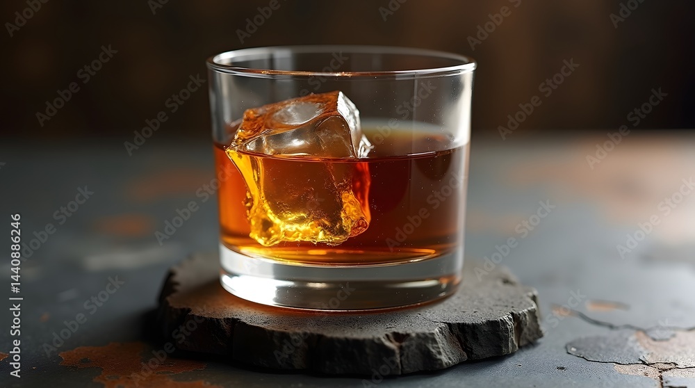 A close-up of a glass of amber whiskey with an ice cube, set against a rustic background.