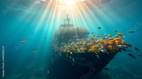 Obraz na płótnie A vibrant underwater scene featuring a partially submerged boat covered in colorful fish, illuminated by sun rays. w salonie