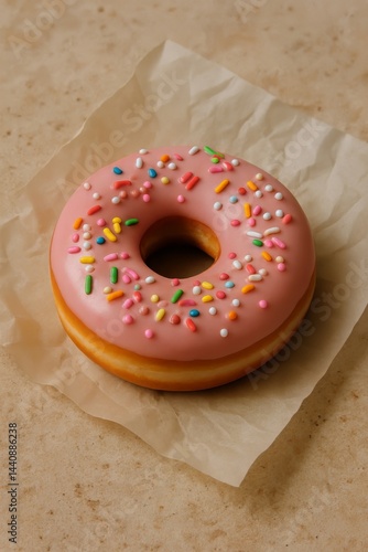 Pink Frosted Donut With Sprinkles Served on a Plate With Coffee and Milk on a...