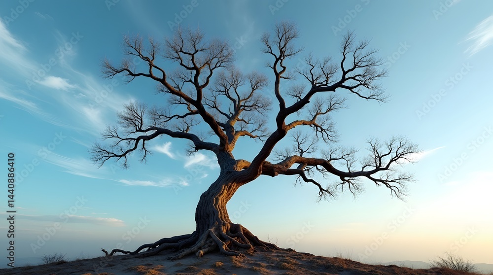 A majestic, barren tree stands alone against a serene sky, showcasing intricate branches and roots at sunset.