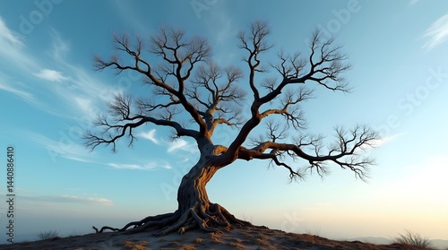 A majestic, barren tree stands alone against a serene sky, showcasing intricate branches and roots at sunset.