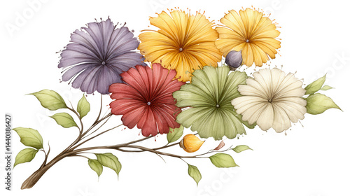 Watercolor floral bouquet features assorted pastel flowers on white background.