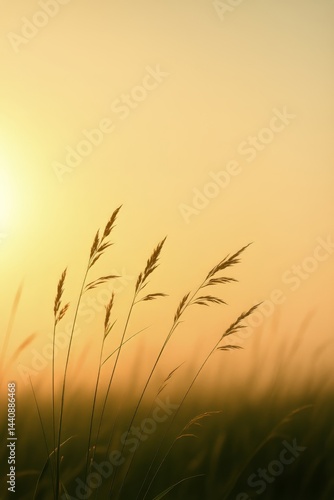 Sunlit Grass Swaying Gently in the Breeze at Sunset in a Tranquil Meadow