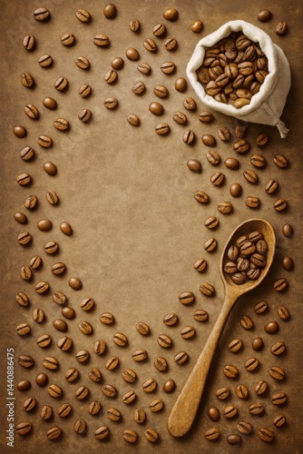 Coffee Beans Arranged Artistically With a Wooden Spoon and Bag on a Textured ...