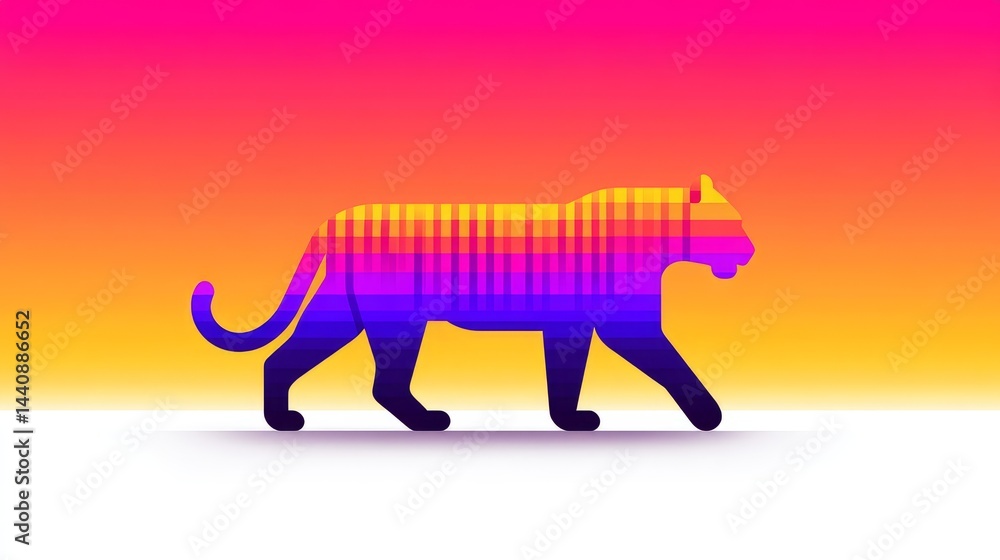 Fototapeta premium Vibrant Tiger Silhouette - A stylized tiger silhouette filled with vibrant, multicolored stripes against a gradient background