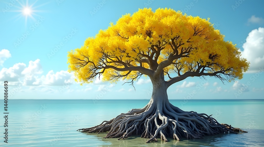 A vibrant, yellow-leaved tree stands majestically in serene waters under a bright blue sky.