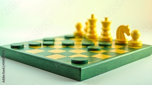 A vibrant chessboard featuring yellow and green pieces ready for a strategic game.