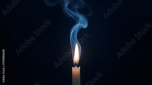 A close-up of a lit white candle with a gentle flame and swirling smoke against a dark background.