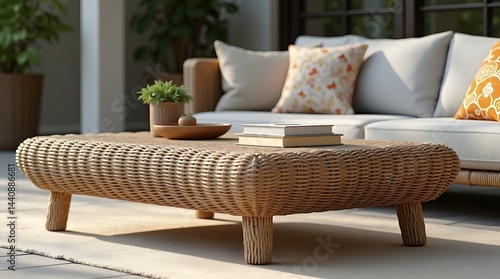 Stylish living room scene featuring a woven coffee table and cozy sofa with vibrant cushions.