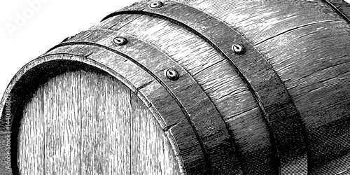Vintage wooden barrel with metal hoops in detailed engraving style.