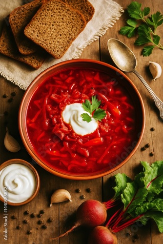 Delicious Beet Soup Served With Bread and Fresh Herbs on a Rustic Wooden Table