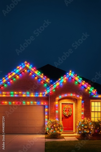 Colorful Holiday Lights Adorn a Cozy Home During Winter Evening Festivities