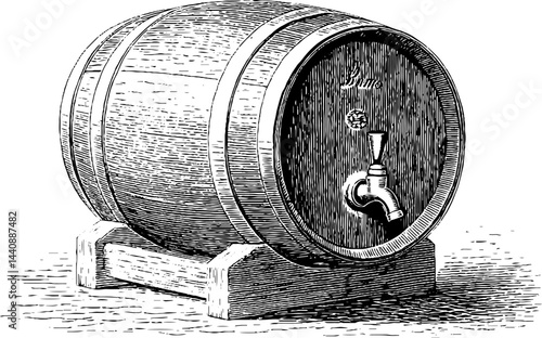 Vintage wooden beer barrel with tap on stand - rustic hand-drawn style for brewing.