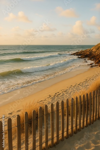 Tranquil Beach View With Waves and Sandy Shoreline During Golden Hour at Coas...