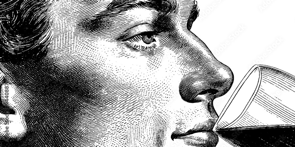 Obraz premium Vintage engraving of a caucasian male drinking from a glass.