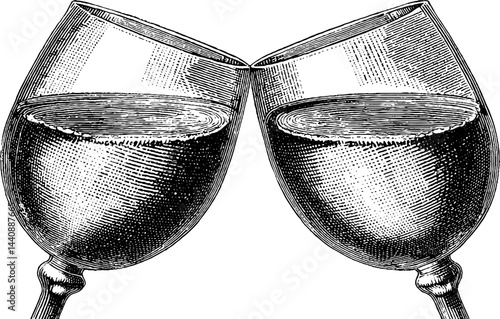 Vintage illustration of two clinking wine glasses for celebration and toasting.