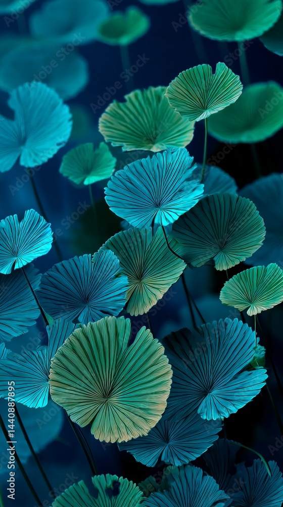 Fototapeta premium Vibrant blue and green gradient leaves in abstract nature scene