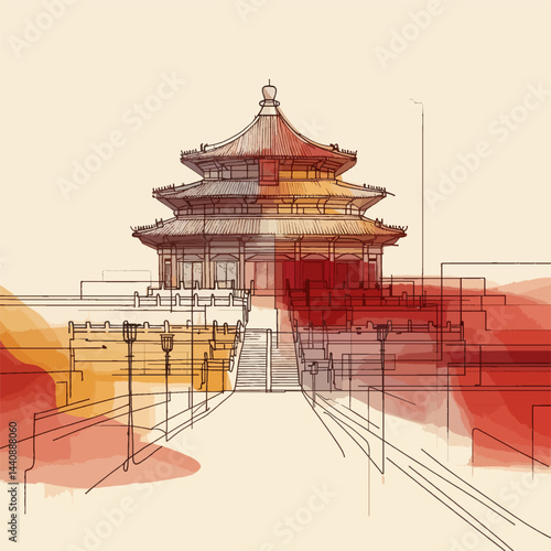 Traditional Chinese Pavilion Illustration in Warm Architectural Watercolor Style