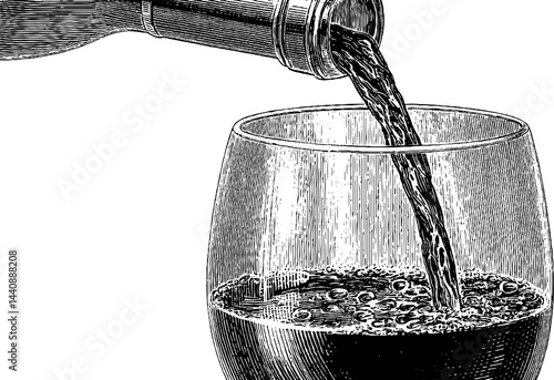 Red wine pouring into glass - detailed vintage style illustration.