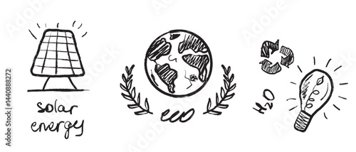 Concept of rational consumption solar energy panel, recycling sign, save planet concept. Black brush stroke texture isolated on white. Hand drawn vector sketch illustration in vintage charcoal ink