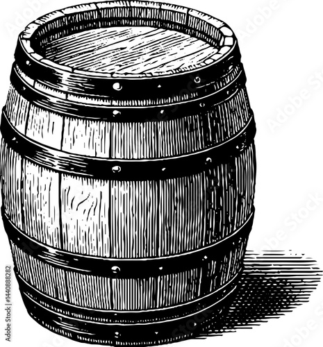 Wooden barrel illustration with detailed shading and texture in black and white.