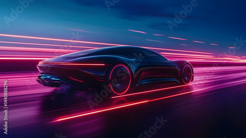 A futuristic autonomous car driving through a neon-lit highway at dusk.