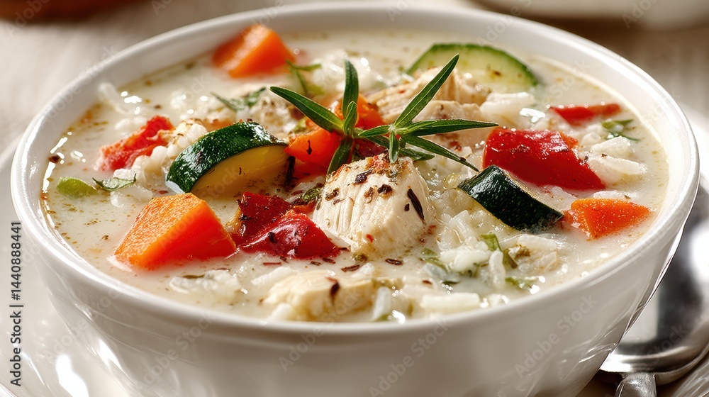 a warm bowl of creamy chicken and rice soup with vegetables on a white isolated background, comforting and hearty design a warm bowl of creamy chicken and rice soup with vegetables on a white isolated background, comforting and hearty design