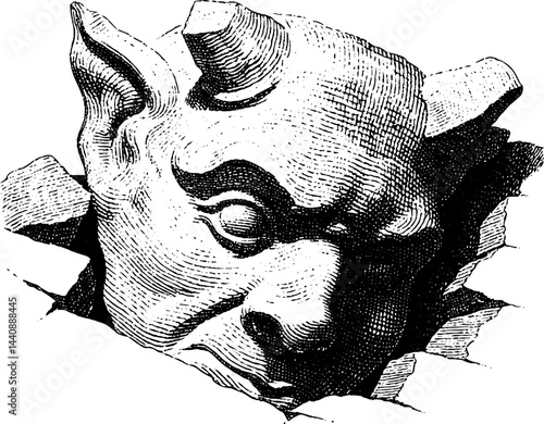 Engraved gargoyle breaking through wall illustration with intricate details.