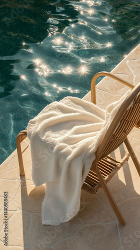 Relaxing Poolside Scene White Towel on Chair