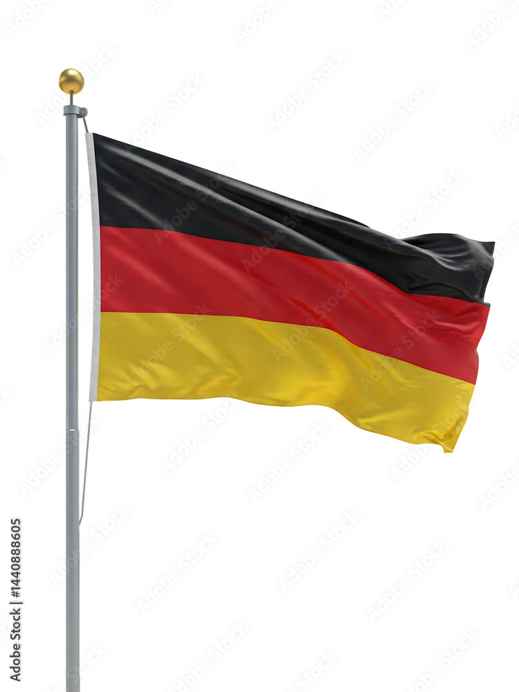 High-Definition Rendering of the German National Flag Flying Freely, Displaying its Horizontal Stripes on a Perfectly Transparent Digital Scene High-Definition Rendering of the German National Flag Flying Freely, Displaying its Horizontal Stripes on a Perfectly Transparent Digital Scene