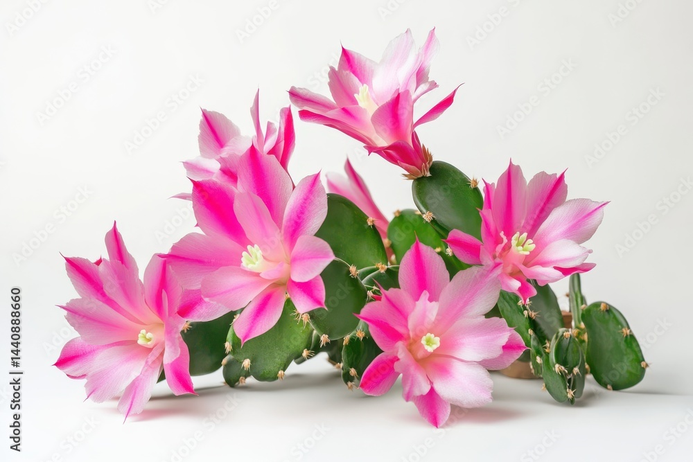 Obraz premium A flowering Christmas cactus with pink blooms, isolated on a white background