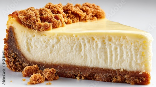 a close-up of a creamy and dreamy cheesecake slice with a graham cracker crust on a white isolated background, indulgent and smooth design