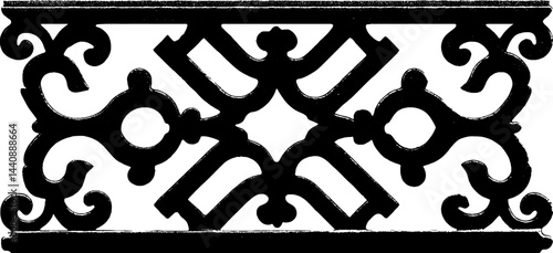 Ornate vintage ironwork design with symmetrical patterns and scroll motifs.