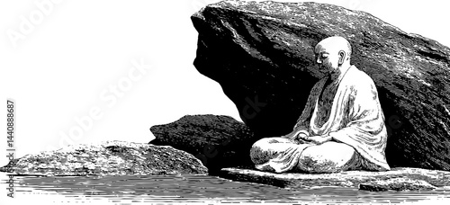 Meditative caucasian monk sitting on rocks near water in tranquil scene.