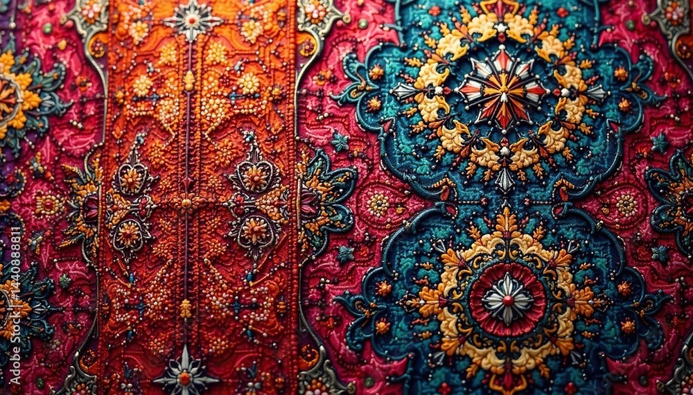 Intricate fabric textile with repeating motif , geometric, close-up, textile Intricate fabric textile with repeating motif , geometric, close-up, textile