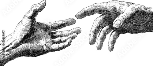 Engraved hands reaching toward each other in classical art style.