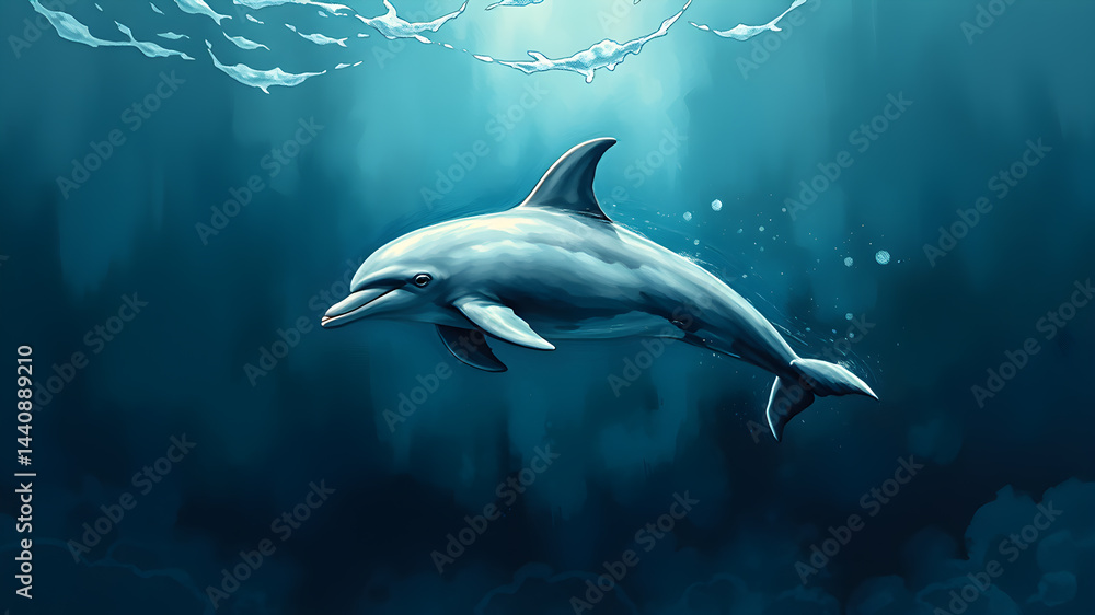 Fototapeta premium Dolphin in the deep sea, watercolor style. Generative AI