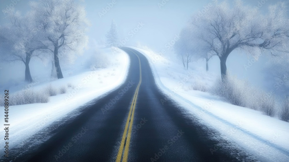 Empty two-lane road across a frozen tundra under a soft twilight Empty two-lane road across a frozen tundra under a soft twilight