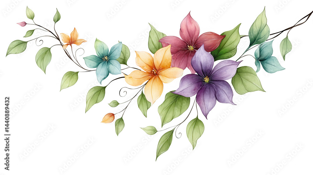 Fototapeta premium Watercolor floral garland features colorful blossoms and verdant leaves.