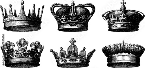 Vintage engraving of various crown designs showcasing intricate royal details.
