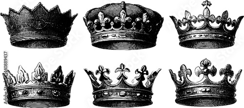 Vintage engravings of six ornate crowns with distinct designs.