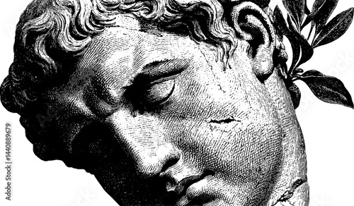 Detailed engraving of classical greek sculpture with laurel leaves.
