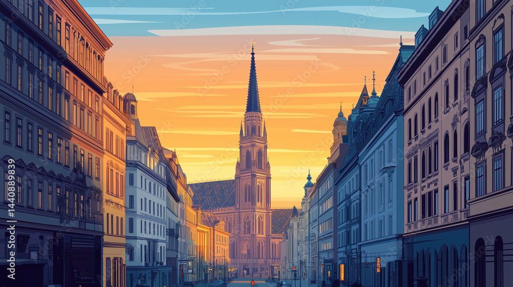 Naklejka premium View on St. Stephen's Cathedral, Vienna, Austria, touristic advertisement poster, travel poster. Famous historical building in the heart of Vienna, the capital city of Austria. Famous must-see tourist