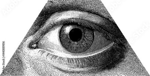 Illuminati eye in pyramid symbol with engraved detail.