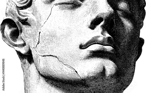 Classical marble statue fragment with cracks and detailed texture in black and white.